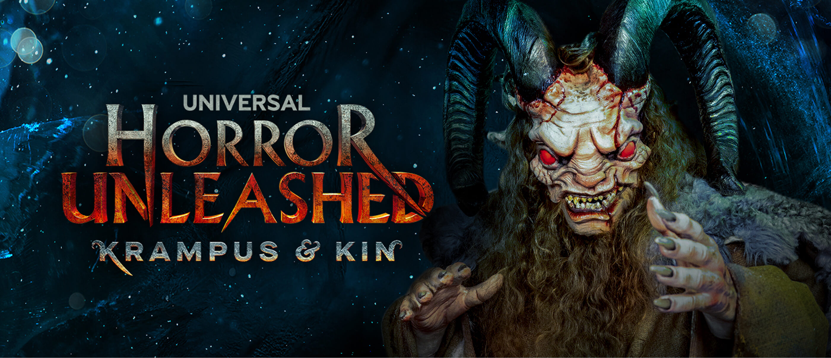 A graphic includes Krampus depicted as large horned monster and the logo for Universal Horror Unleashed, both all on a frosty blue textured background.