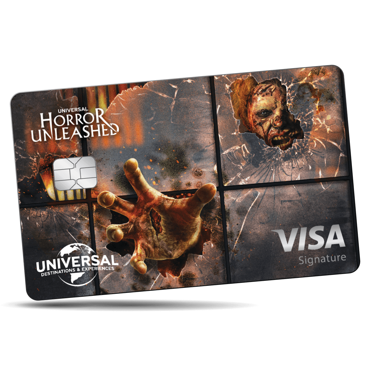 The Universal Rewards Visa Signature® Card featuring Universal Horror Unleashed on top.
