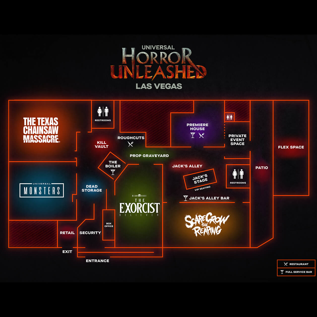 Map of Universal Horror Unleashed Las Vegas showing haunted houses, themed bars, stages, and guest amenities.