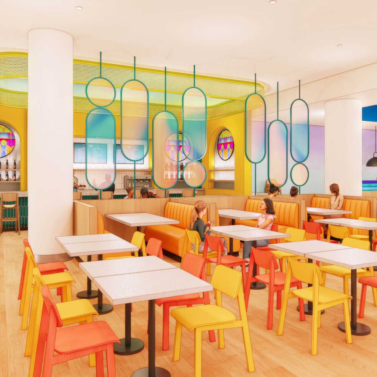 Artist’s rendering of Curiosity Café with guests at Universal Kids Resort Hotel.