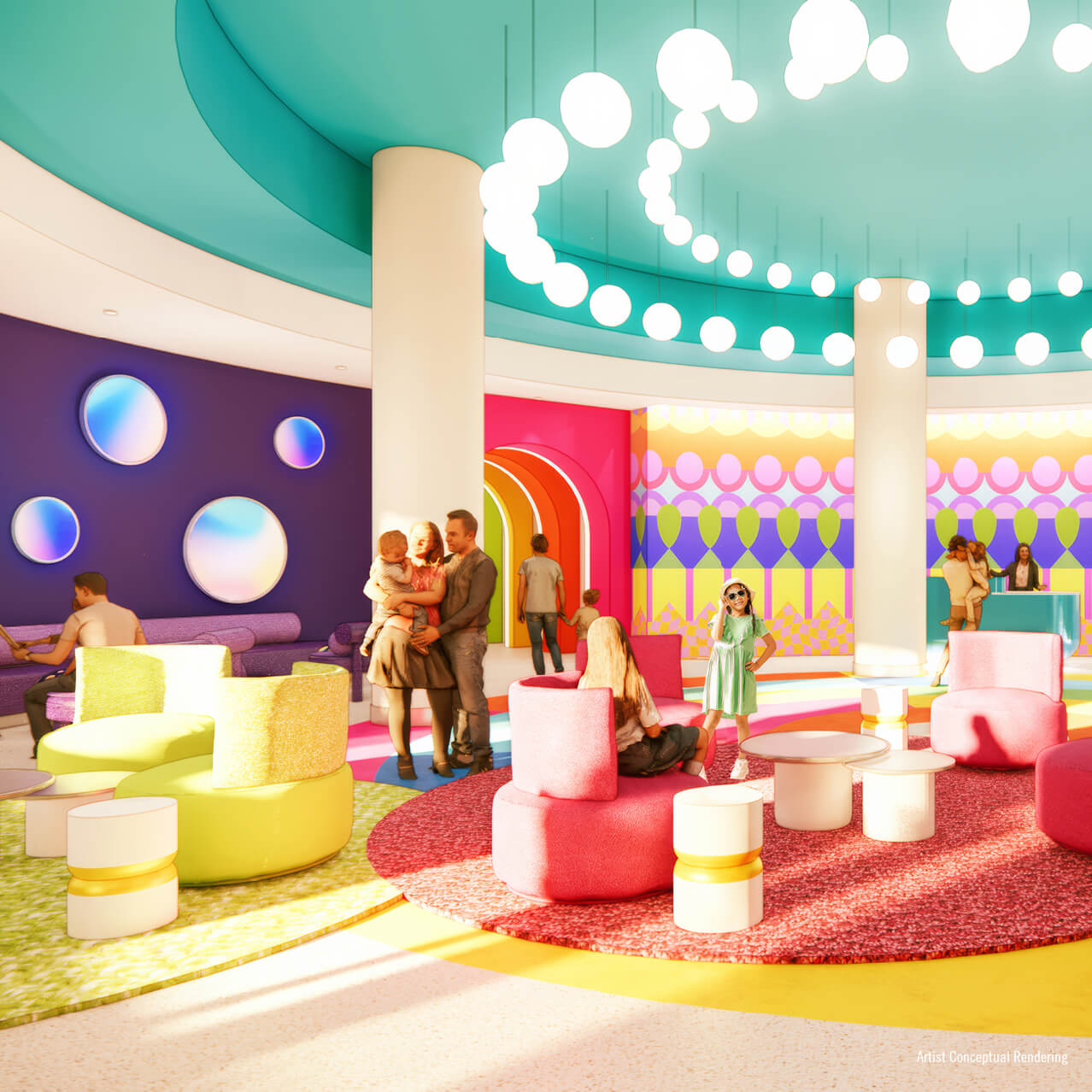 Artist’s rendering of a colorful hotel lobby at Universal Kids Resort Hotel.