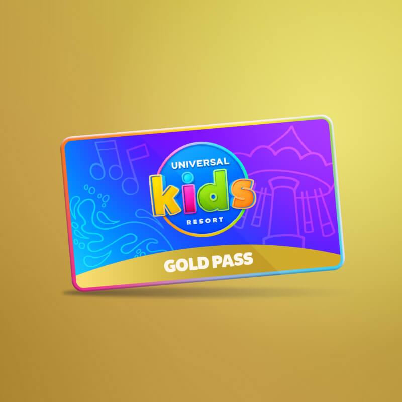 Universal Kids Resort Gold Annual Pass card, showing blue and purple icons over a gold background.