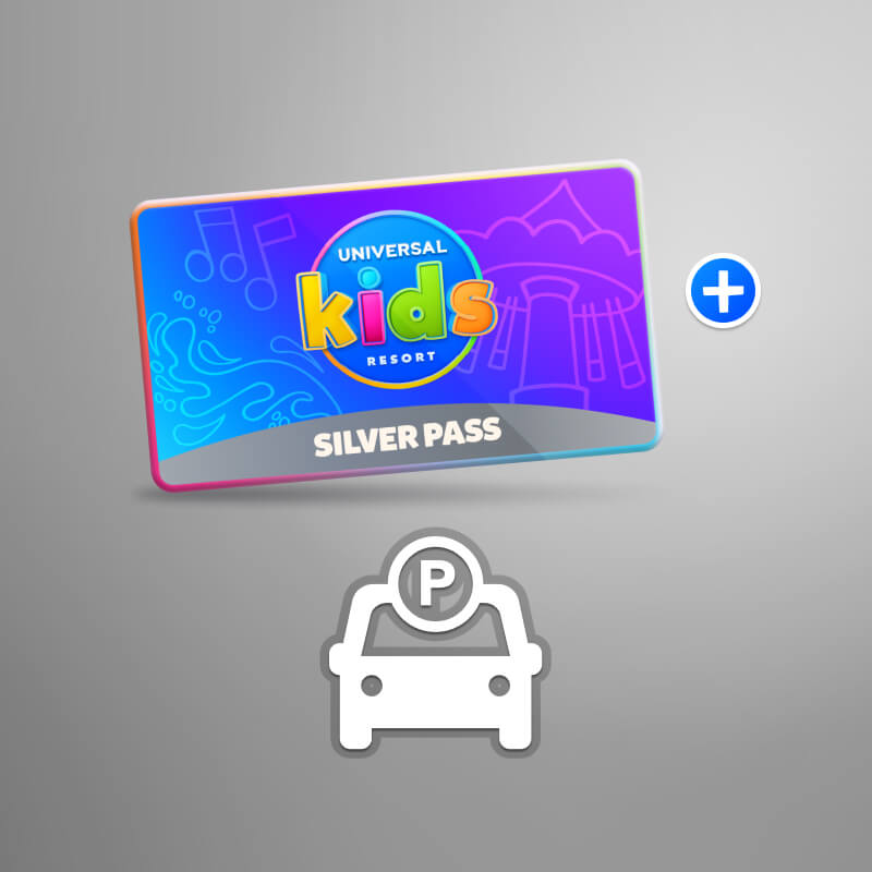Universal Kids Resort Silver Annual Pass with Parking card, showing blue and purple icons over a silver background.