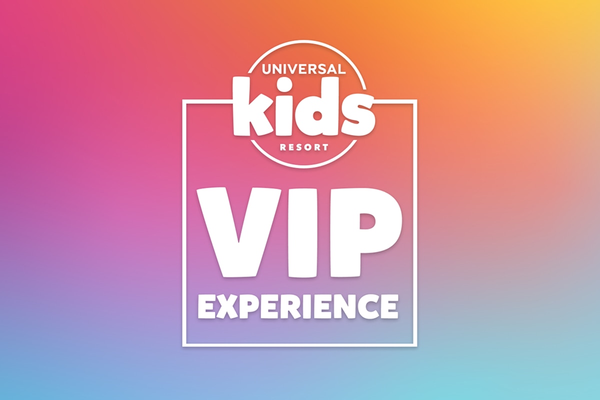 Universal Kids Resort VIP Experience logo on a colorful gradient background.