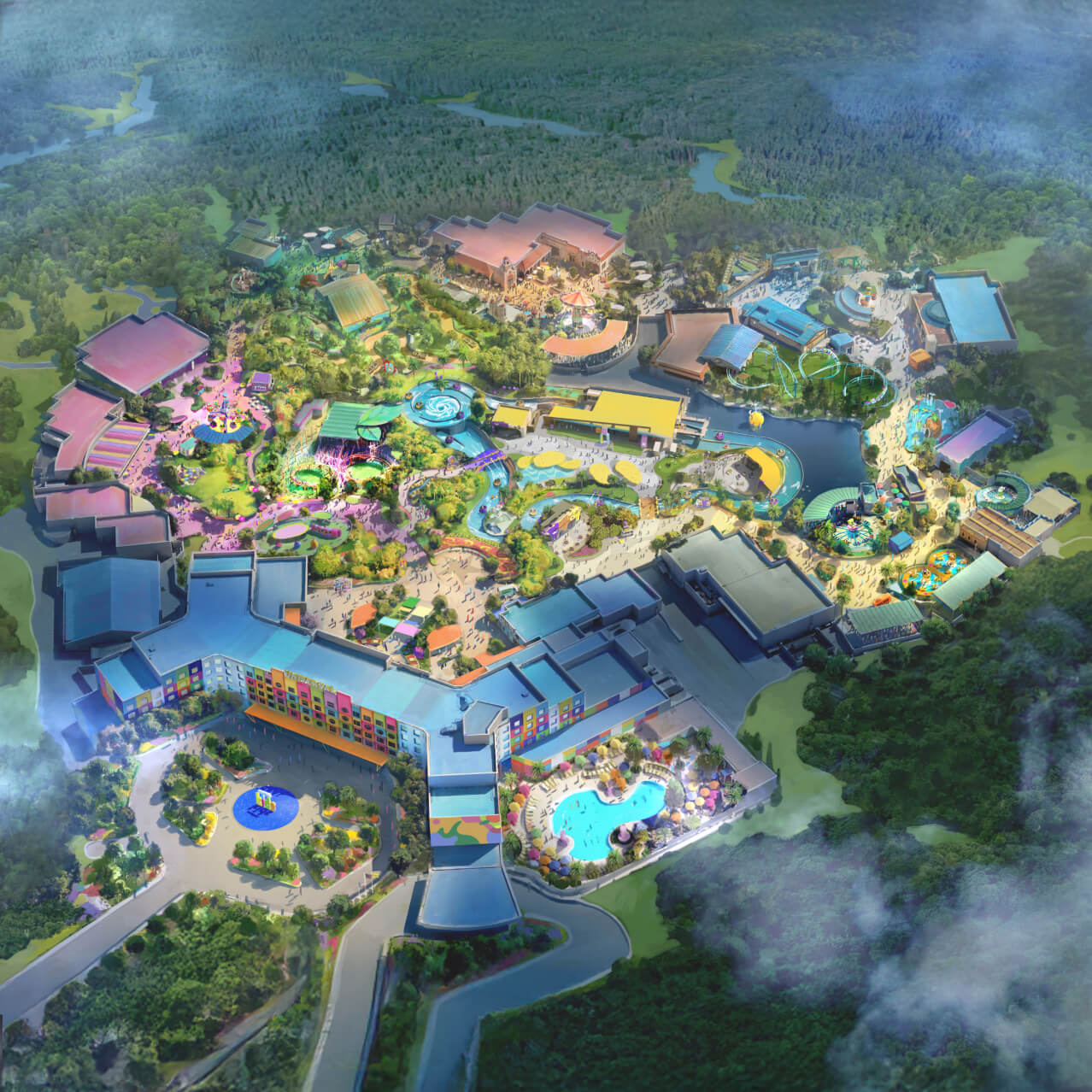 Una vista aérea de Universal Kids Resort, en la que se muestra un colorido mapa con diferentes tierras temáticas. Hay atracciones acuáticas, montañas rusas y otras atracciones visibles, además de tiendas y restaurantes.