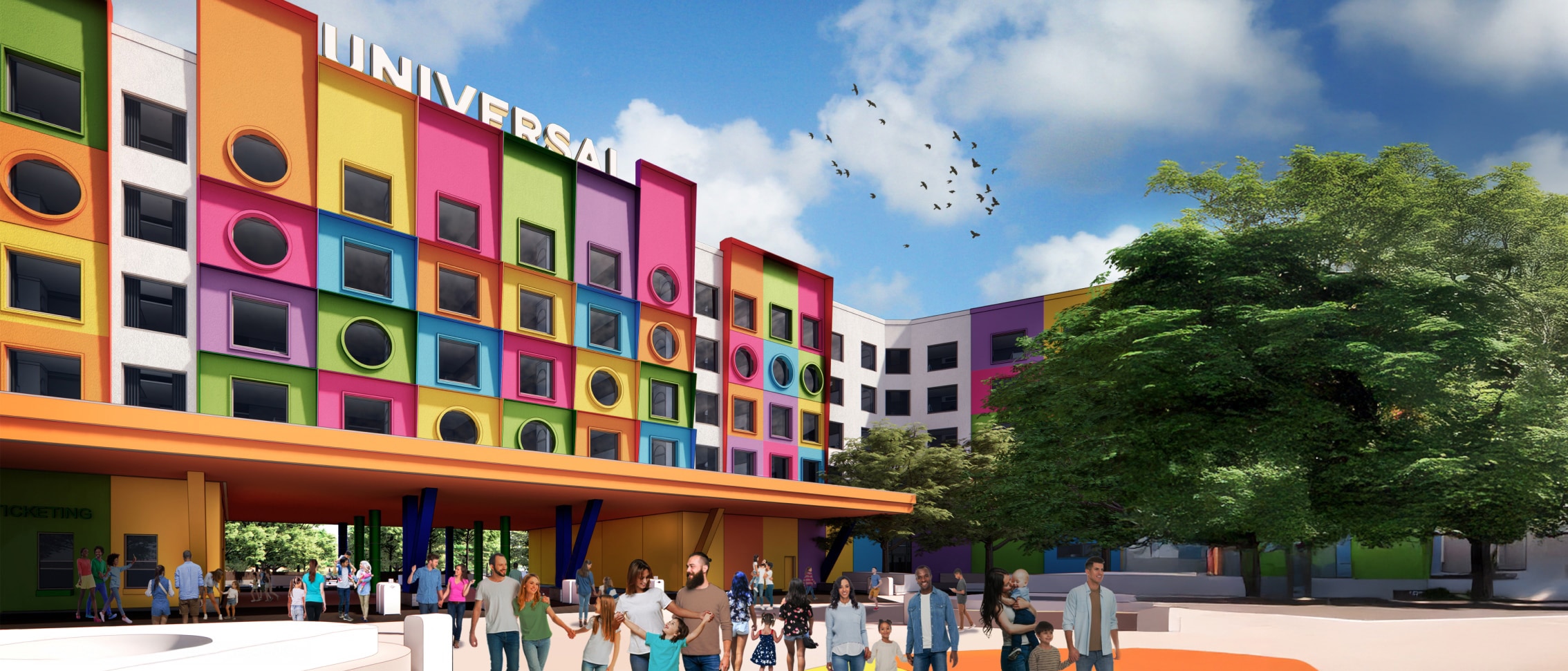 Families entering and exiting from the colorful Universal Kids Resort hotel.