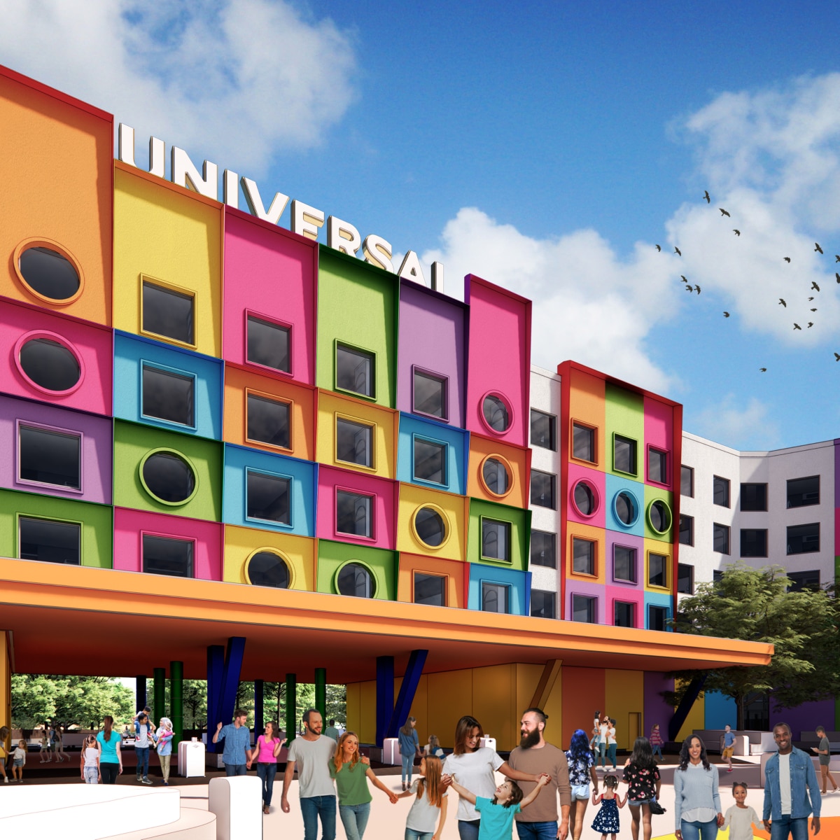 Families entering and exiting from the colorful Universal Kids Resort hotel.