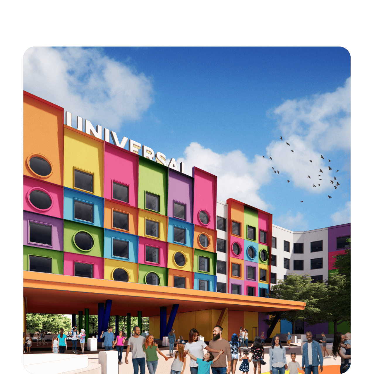 Representación artística de familias que entran y salen del colorido hotel Universal Kids Resort