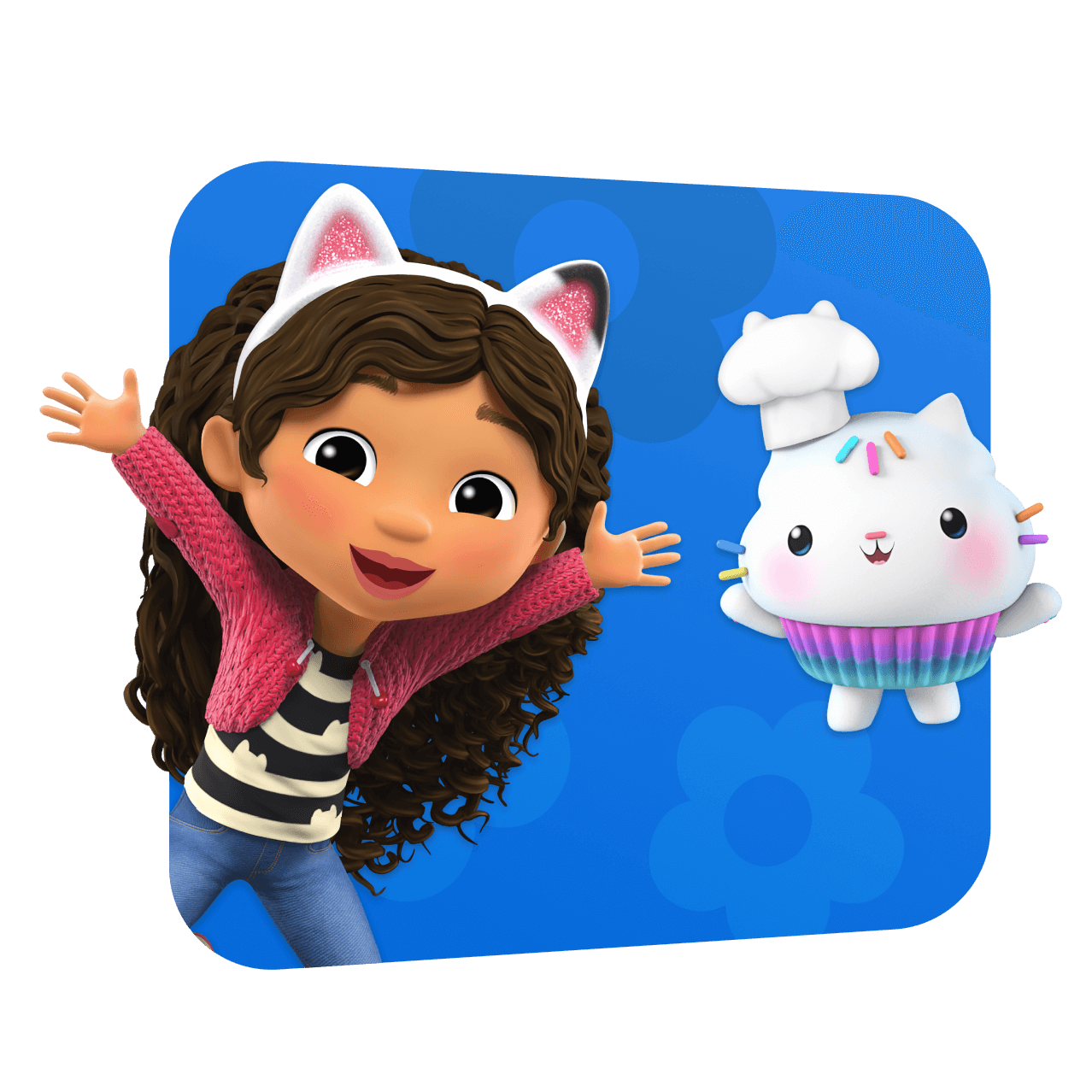 Cartoon image of Gabby and her kitten from Gabby's Dollhouse. Background image with blue flowers.