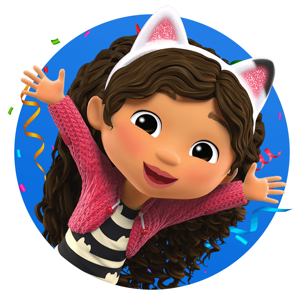 Gabby bursts out of a blue circle surrounded by confetti.