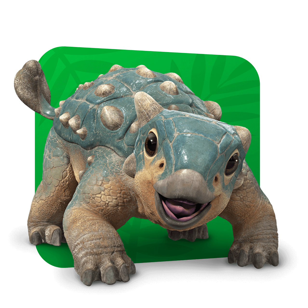 Bumpy, un Ankylosaurus bebé con escamas azules y cafés. Parado en un fondo verde brillante con plantas frondosas.