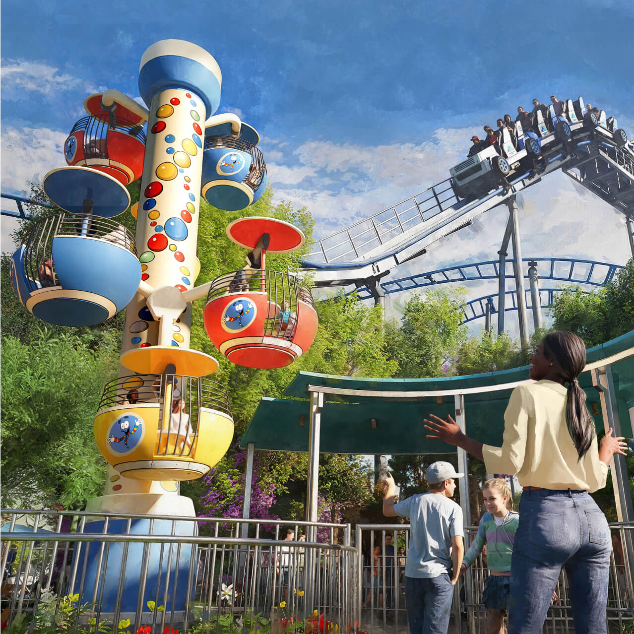 Representación artística de Jurassic World: Cretaceous Coaster y Mr. DNA’s Double Helix Spin con visitantes caminando.