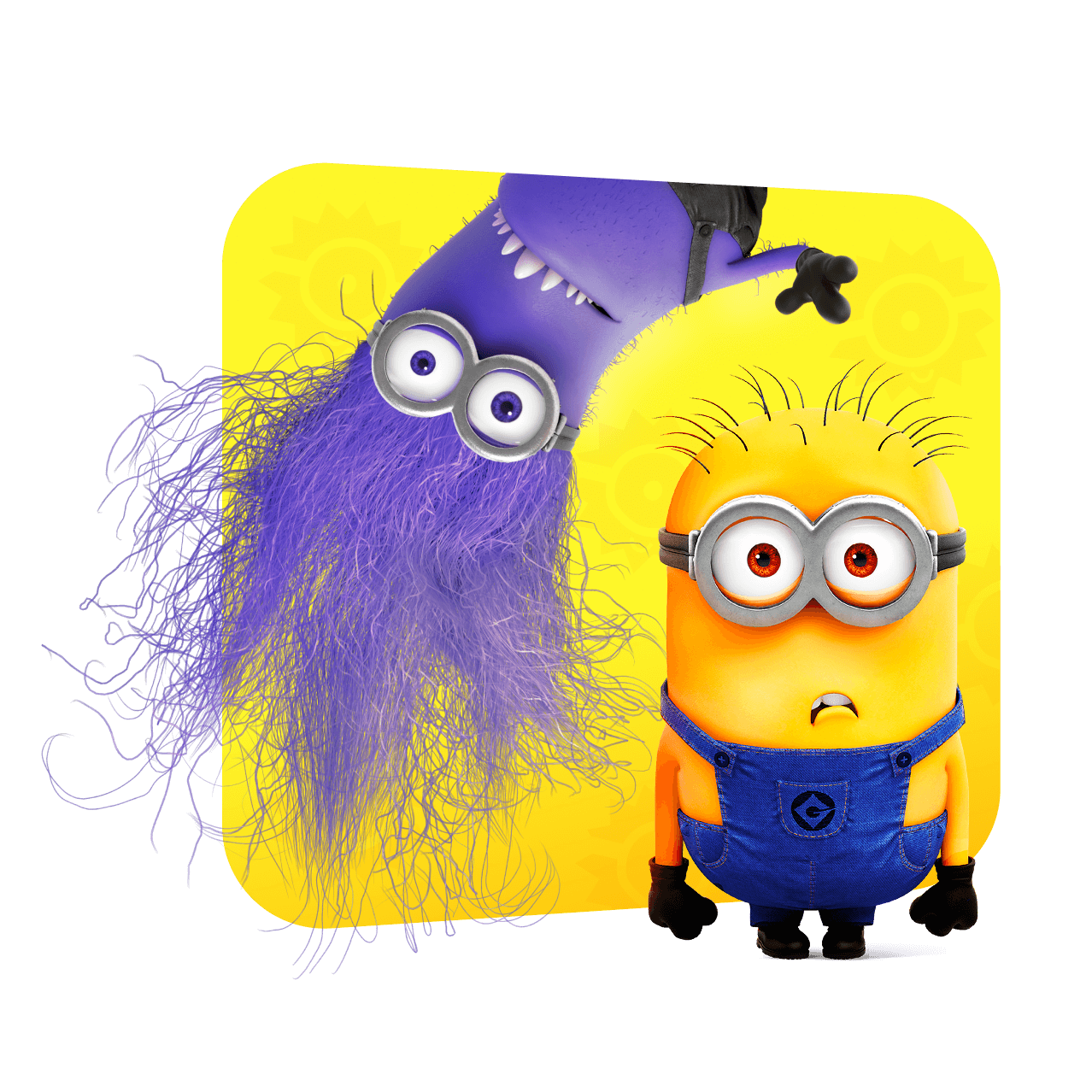 Un Minion amarillo de “Despicable Me” con una expresión de preocupación junto a un Minion peludo morado colgando boca abajo sobre un fondo amarillo.