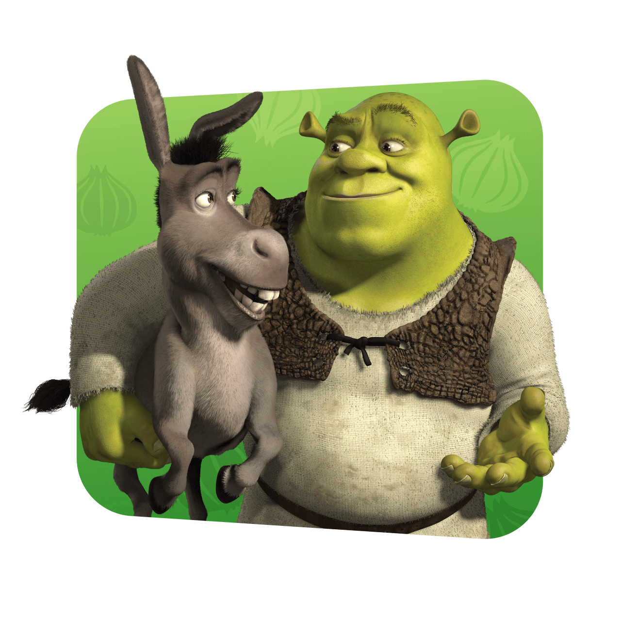 Shrek sonríe a Donkey frente a un fondo verde con íconos en forma de cebolla.