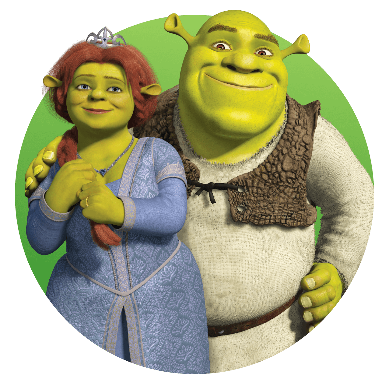 Shrek and Fiona pop out of a green circle