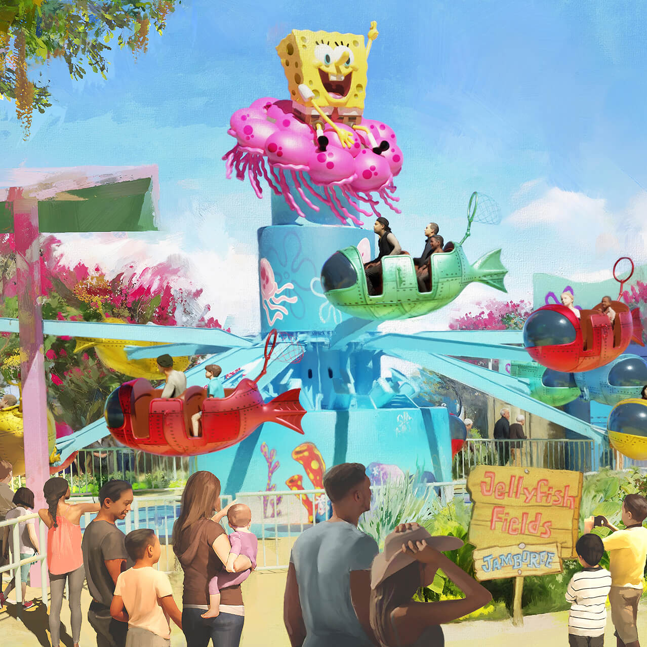 Representación artística de Jellyfish Fields Jamboree y Bobbing Barrels en Nickelodeon’s SpongeBob SquarePants Bikini Bottom.