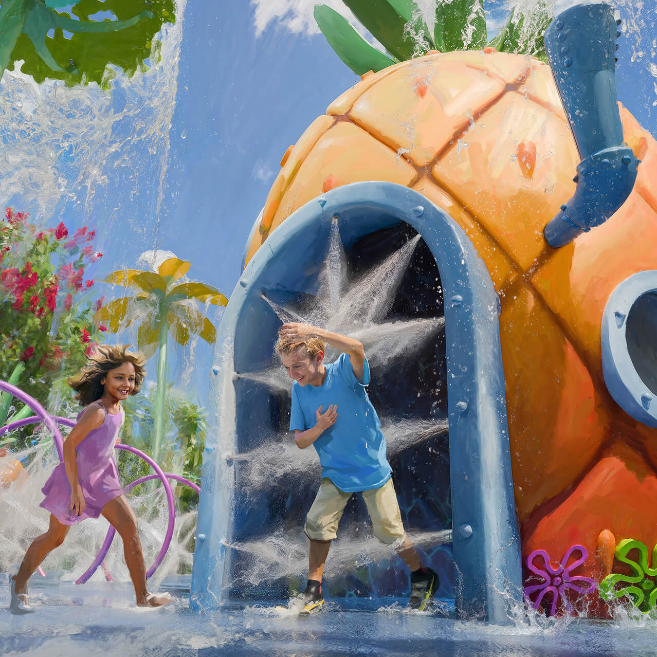 Representación artística de niños riendo mientras se rocían y salpican alrededor de una gran piña naranja con una puerta y una ventanilla.