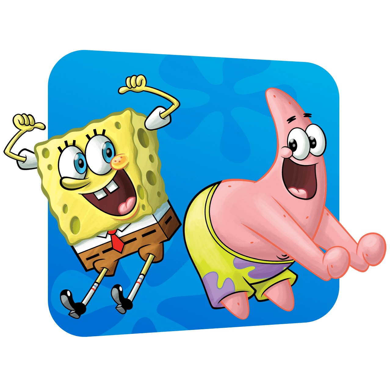 Bob Esponja saltando con los brazos levantados. Junto a él, Patricio Estrella también salta. El fondo es un color azul brillante con burbujas blancas.