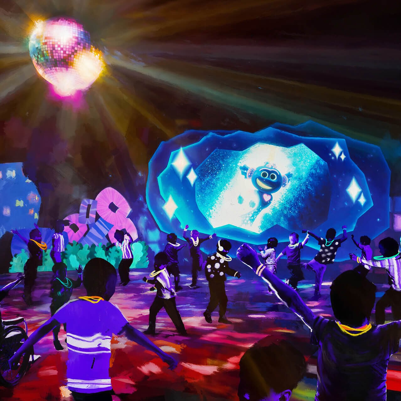Representación artística de niños y padres bailando en la fiesta King Trollex Techno Dance Party.