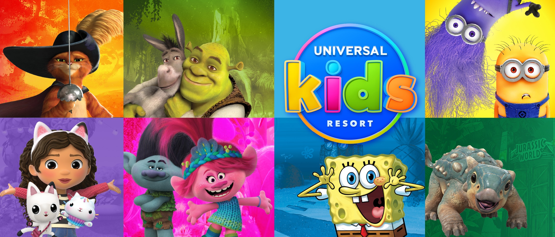 Logotipo de Universal Kids Resort con Puss in Boots posando, Shrek sonriendo a Donkey, Gabby con su gatito de Gabby's Dollhouse, Poppy y Branch de Trolls, SpongeBob SquarePants bailando con Patrick Star, un Minion amarillo y otro morado, y Bumpy de Jurassic Park.