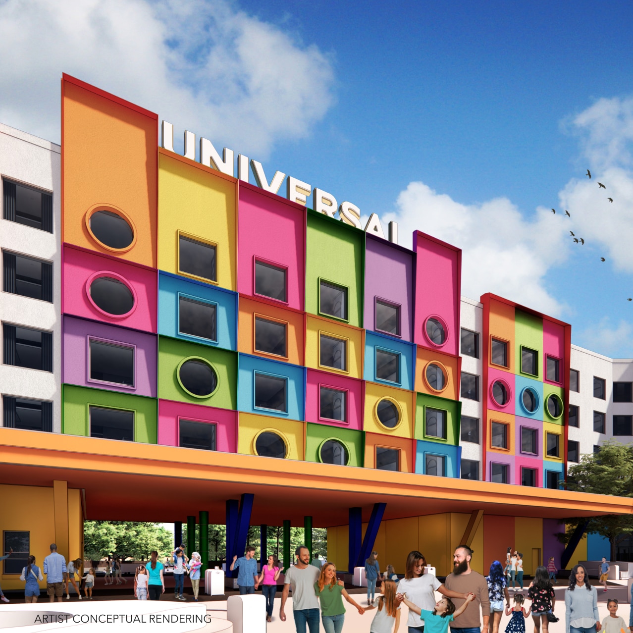 Representación artística de Universal Kids Resort con visitantes.