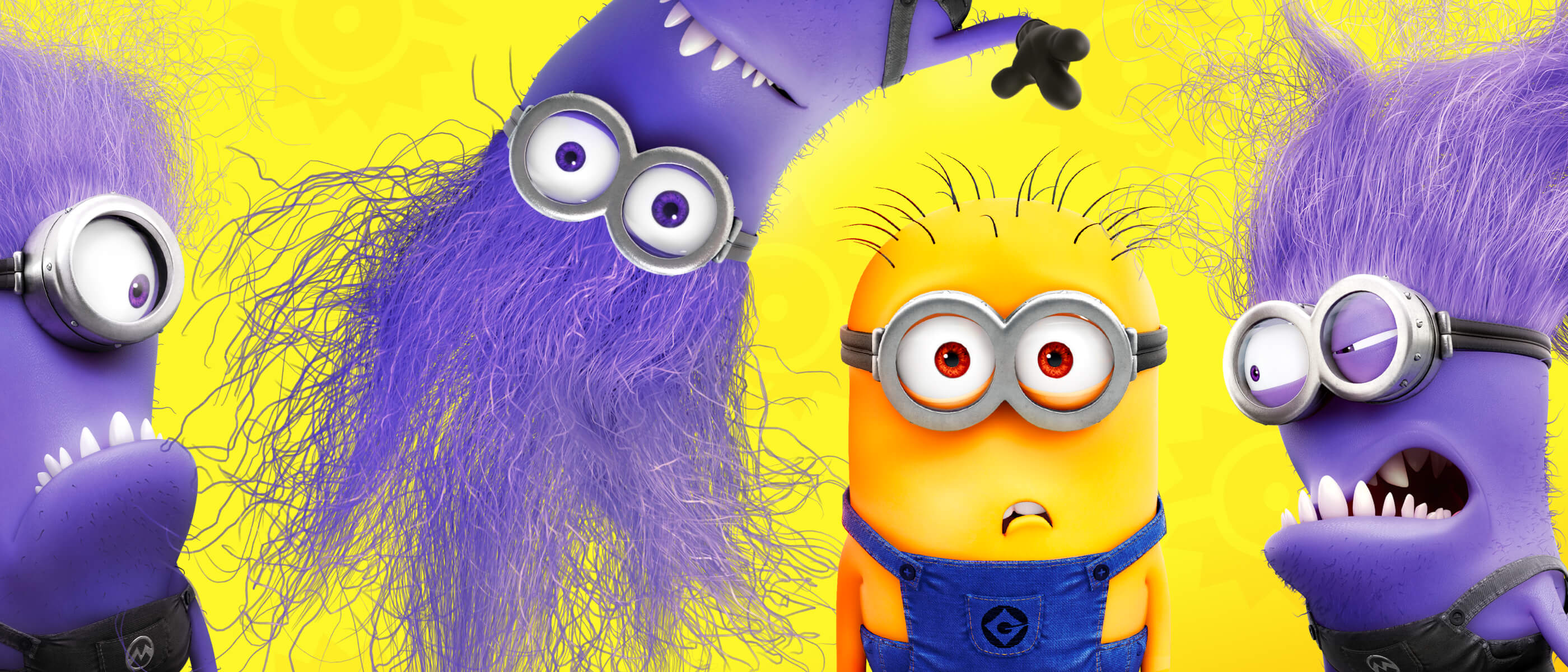 A yellow minion from Despicable Me with a worried expression stands between 3 purple, furry minions with wide grins and sharp teeth on a yellow background.
