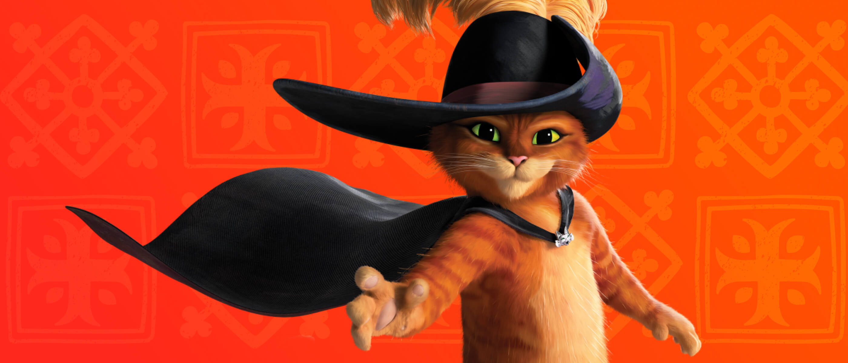 Puss in Boots de pie sobre un fondo naranja con un patrón repetitivo.