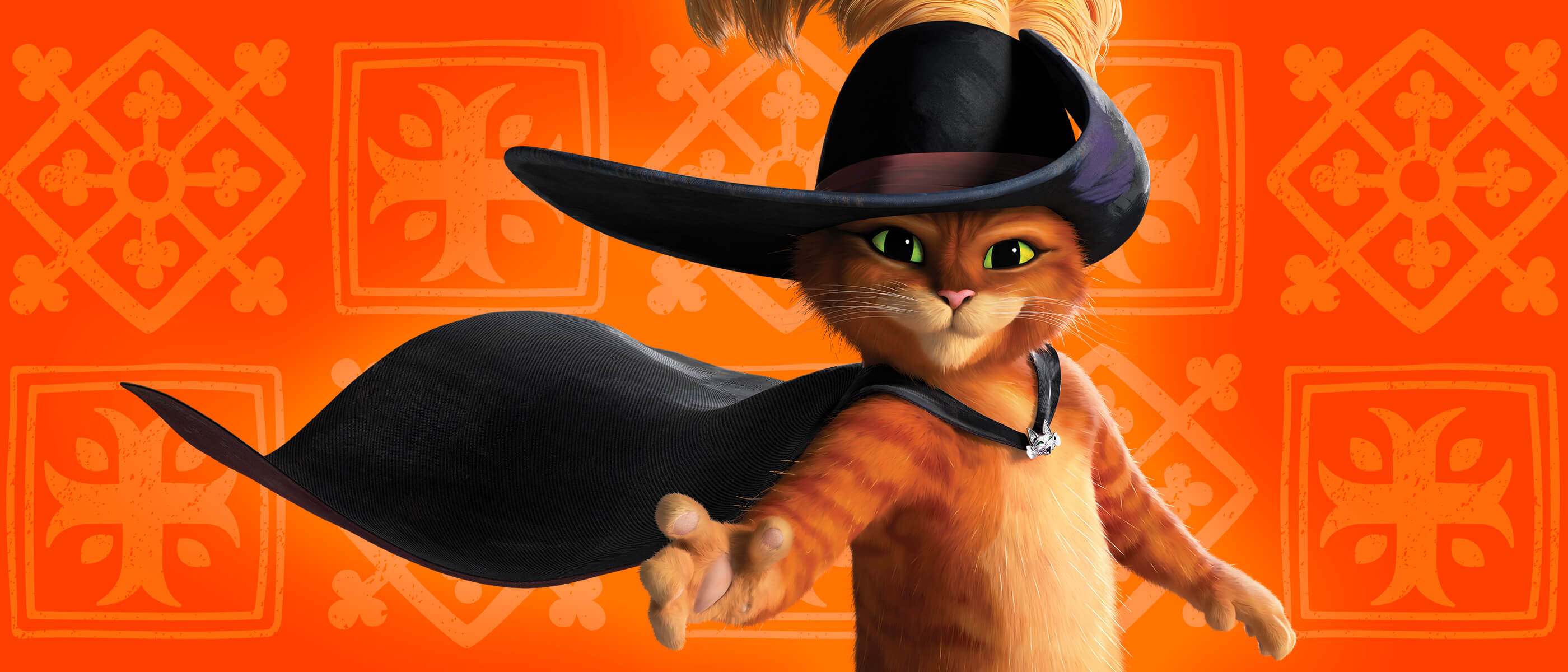 Puss in Boots de pie sobre un fondo naranja con un patrón repetitivo.
