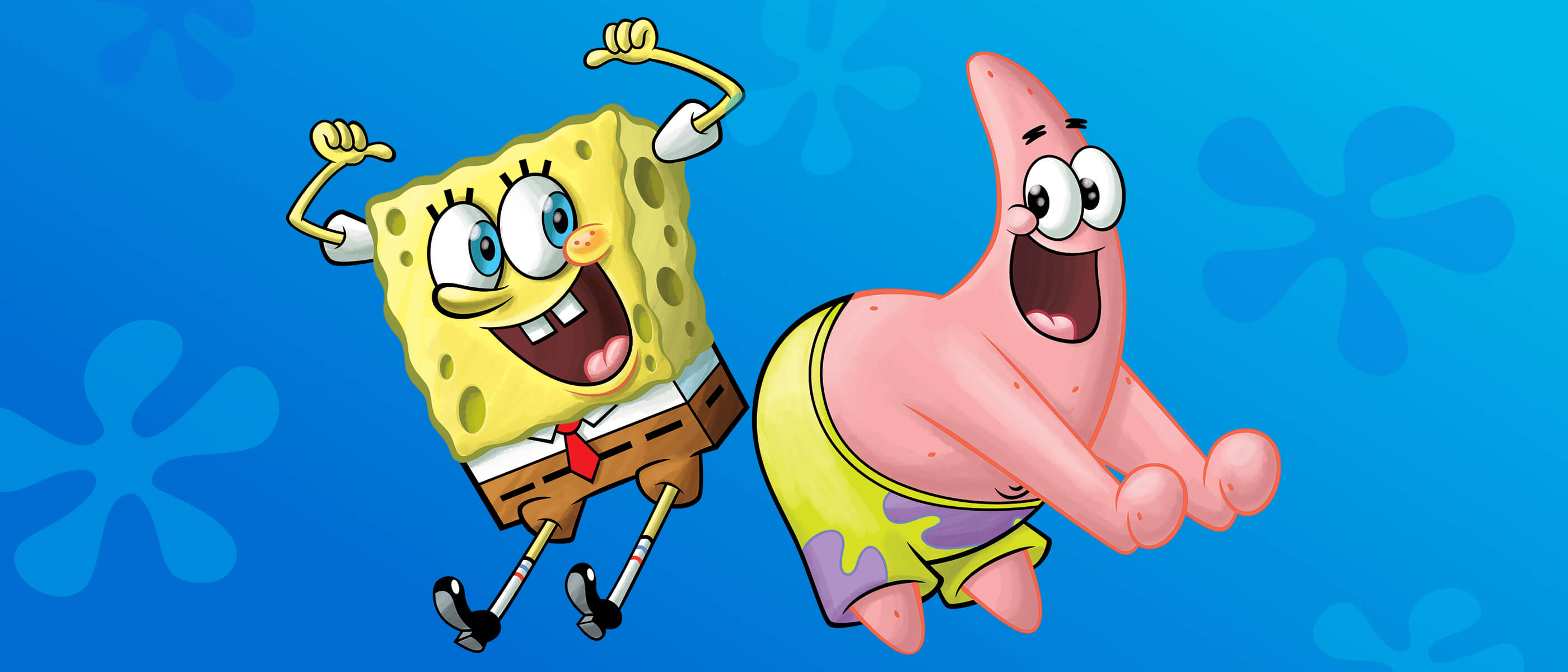 Bob Esponja saltando con los brazos levantados. Junto a él, Patricio Estrella también salta. El fondo es un color azul brillante con burbujas blancas