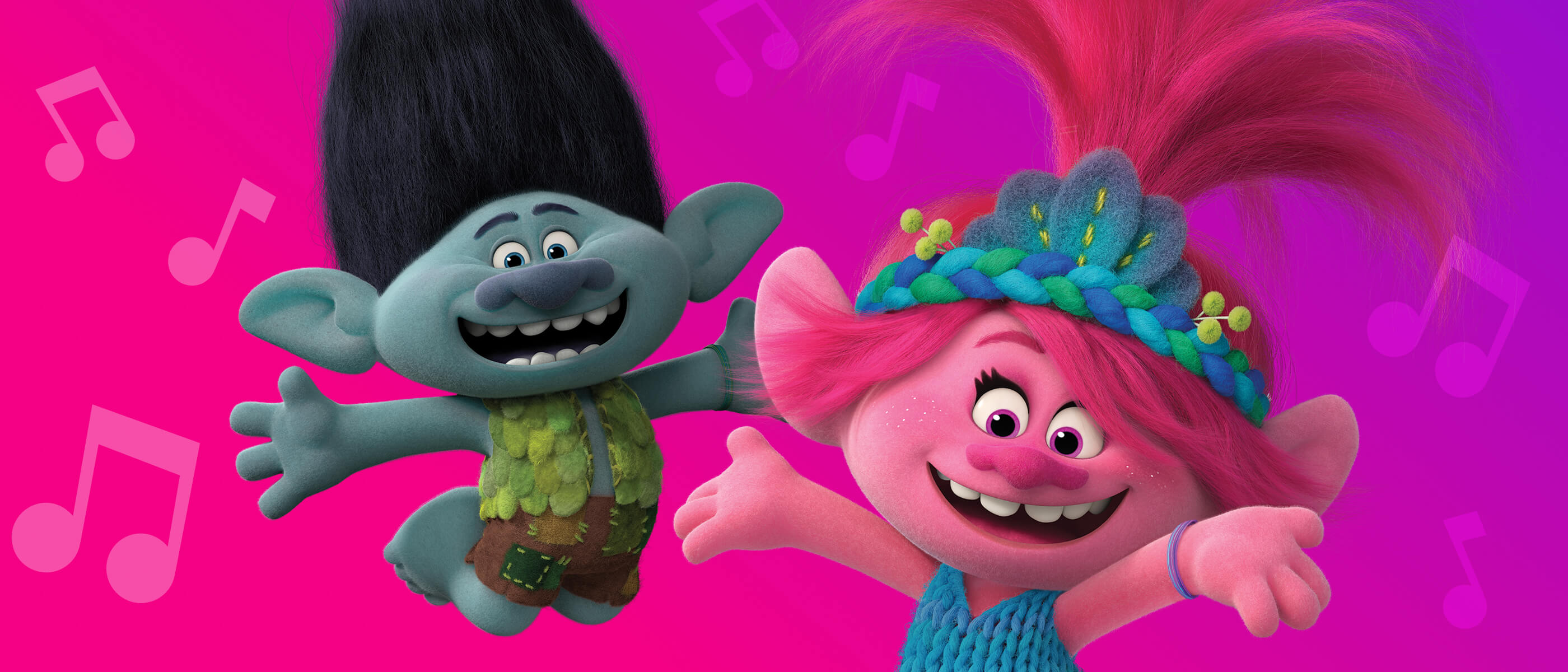Branch y Poppy de Trolls sonríen y bailan en un fondo rosa con notas musicales.