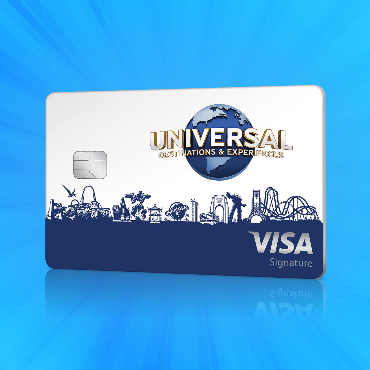 Tarjeta Visa Signature® de Universal Rewards Plus sobre un fondo azul.