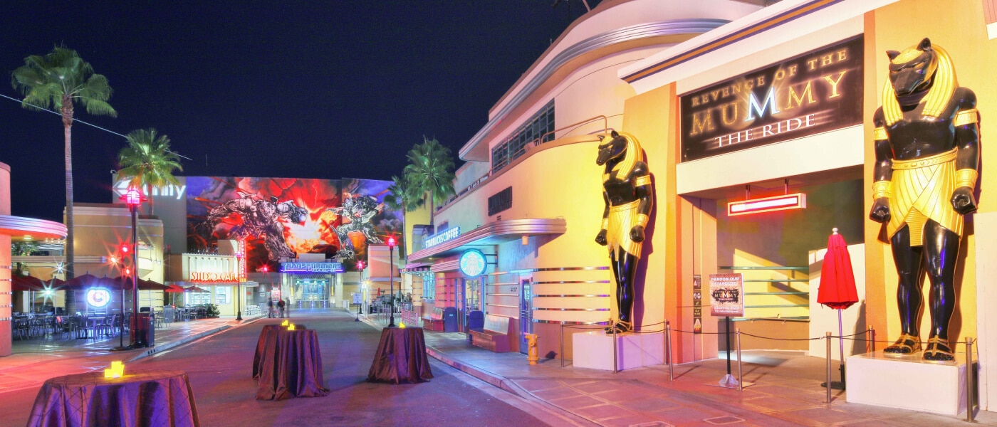 Universal Studios Hollywood Lower Lot with Revenge of the Mummy ride entrance at night.