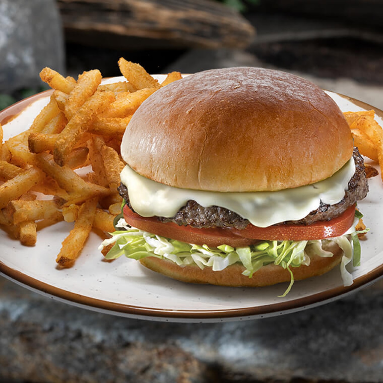 A cheeseburger and fries sitting on a white plate.