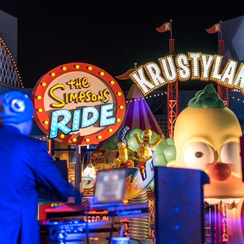 A DJ setup for an event in front of Krustyland.
