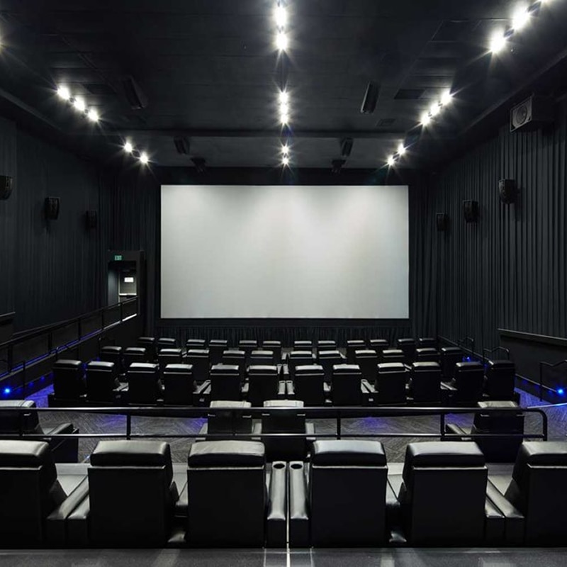 a view of the theater facing the screen, showing seats, lighting, and how large the venue is for meetings and events