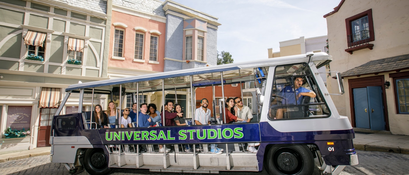 A tram full of guests on The World-Famous Studio Tour.