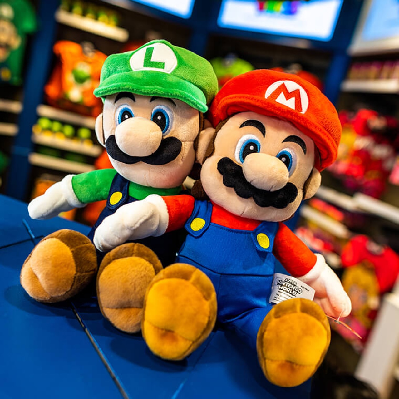 A Mario and Luigie plushie sitting together inside of 1-UP Factory™.