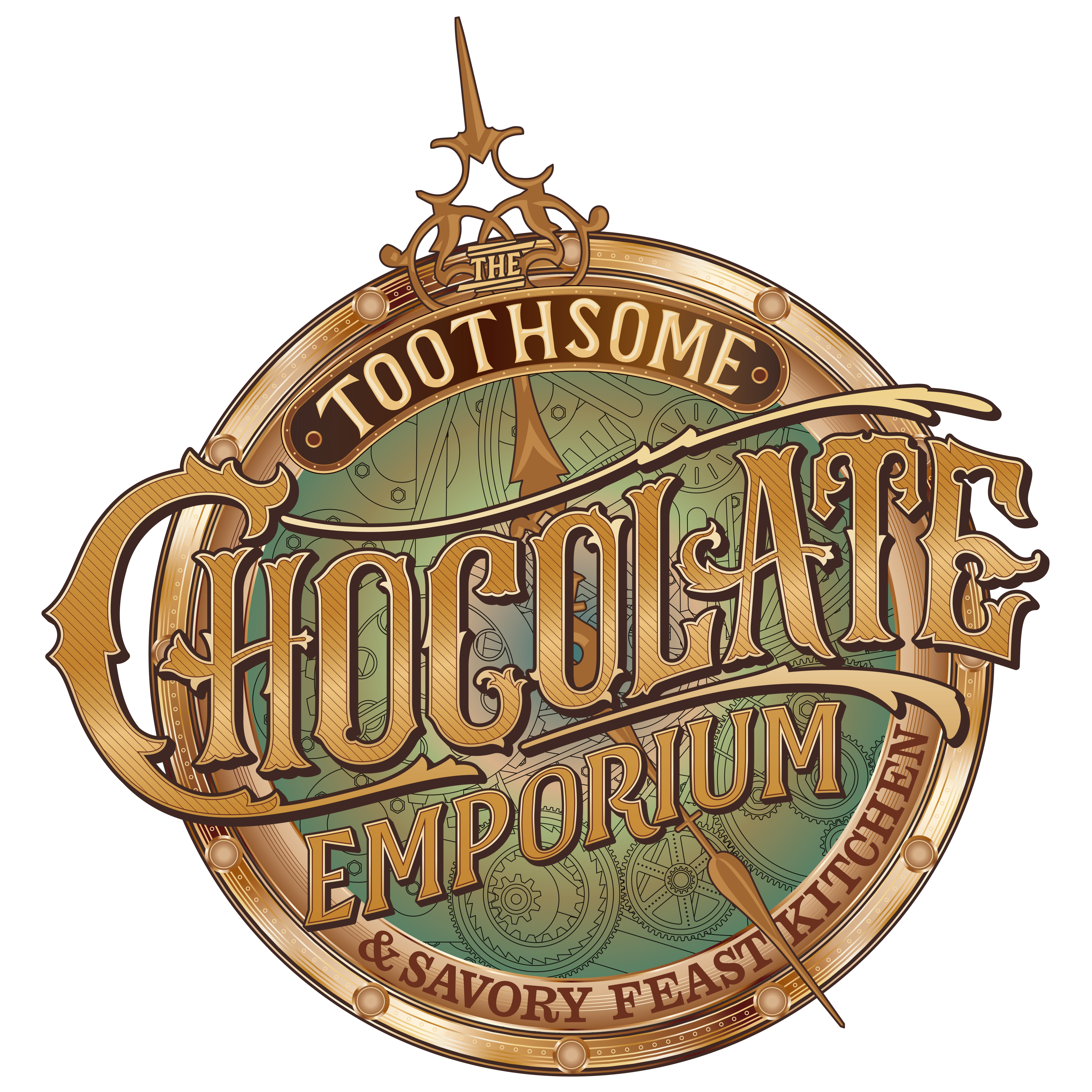 The Toothsome Chocolate Emporium & Savory Feast Kitchen logo in brown and gold colors.