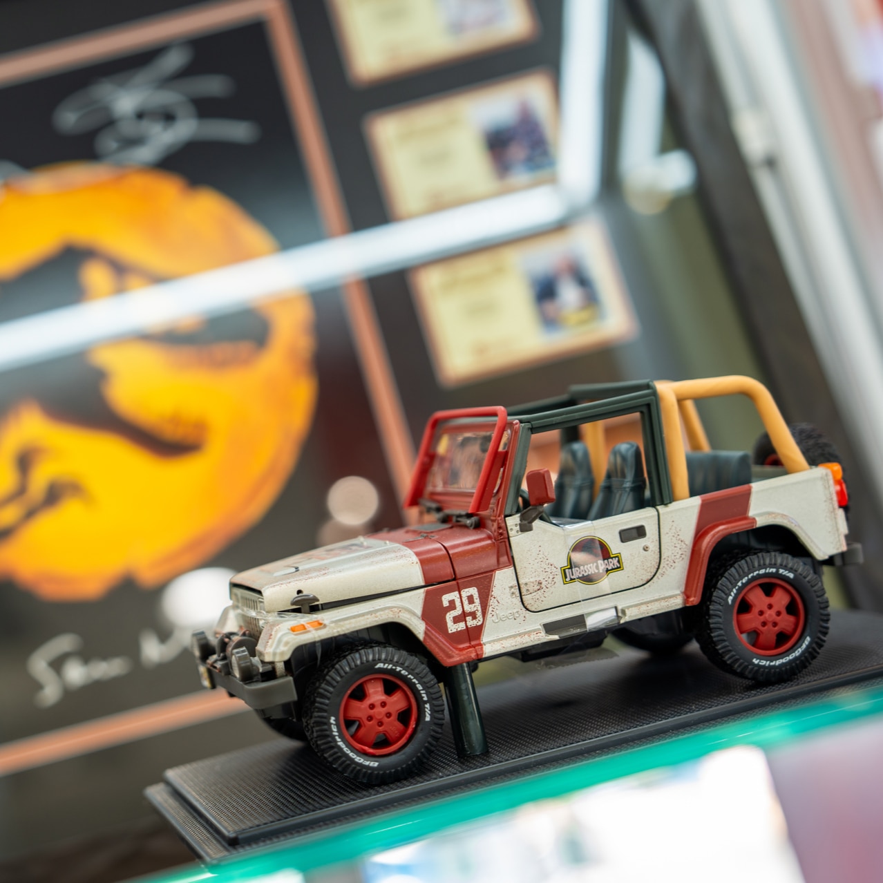A miniature replica of the jeep from Jurassic Park in Celebrity Authentics at Universal CityWalk Hollywood.