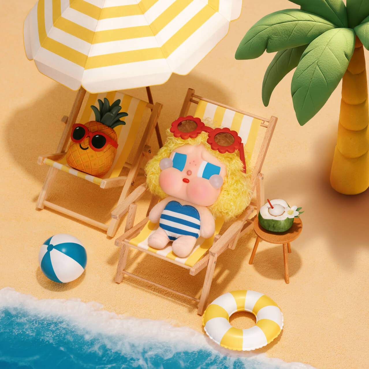 A toy doll with big cheeks and tears lounging on a beach chair next to a toy pineapple in sunglasses on its own beach chair.