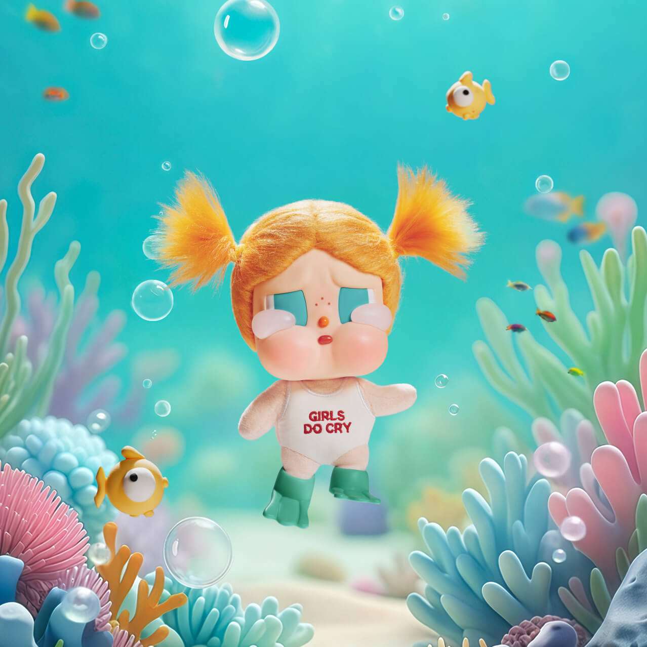 A toy doll with puffy cheeks and tears wearing a swimsuit with the words ‘Girls Do Cry,’ surrounded by colorful algae.