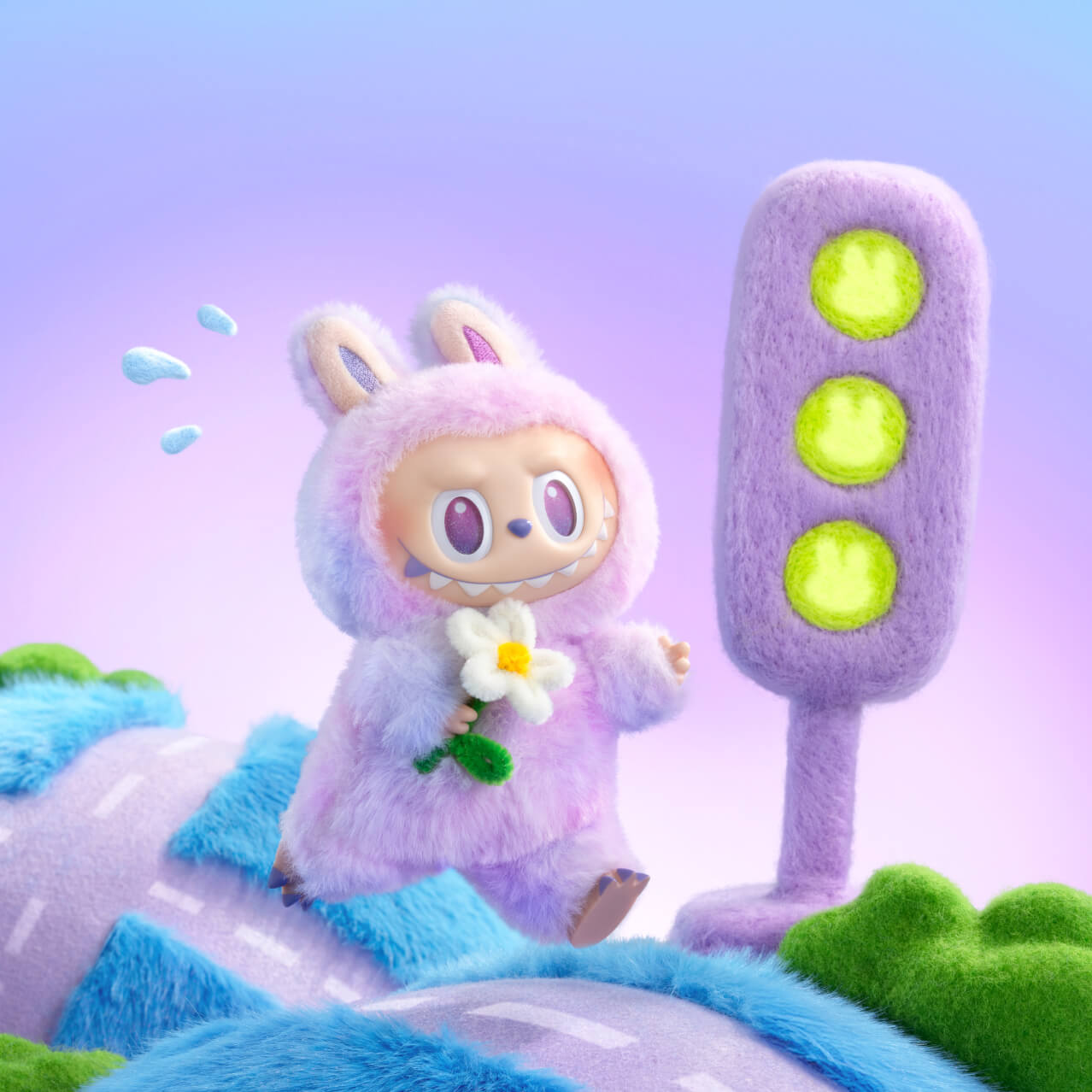 A furry purple Labubu doll holding a dandelion and running on a hilly road toward a green traffic light.