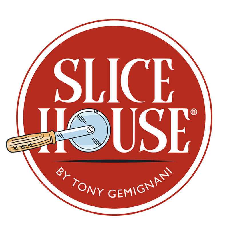 Red circular logo featuring an illustrated pizza cutter in place of the "O" in "SLICE HOUSE" with "BY TONY GEMIGNANI" underneath.