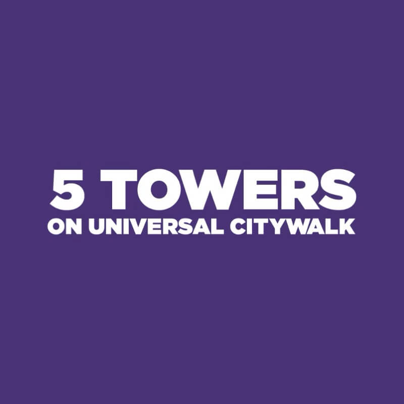 A logo with white text and purple background that reads “5 TOWERS ON UNIVERSAL CITYWALK.