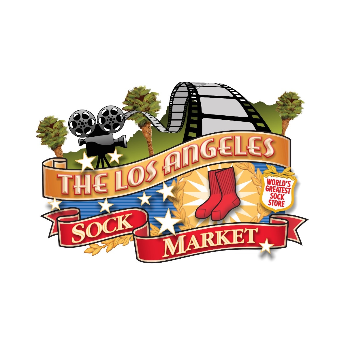 The logo for The Los Angeles Sock Market at Universal CityWalk Hollywood with illustrated red socks and film strip.