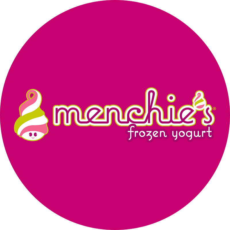 The logo for Menchie’s Frozen Yogurt against a bright pink background at Universal CityWalk Hollywood.