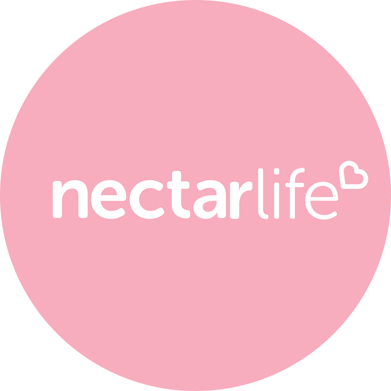 The logo for Nectar Life at Universal CityWalk Hollywood with white text and heart against a light pink background.