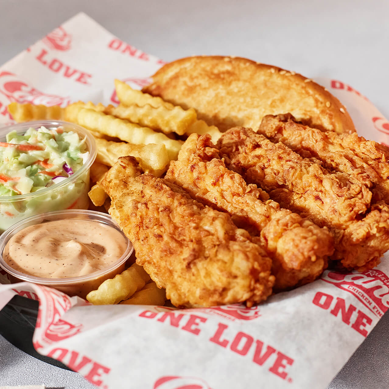 A basket of chicken fingers and fries from Raising Cane’s Chicken Fingers at Universal CityWalk Hollywood.