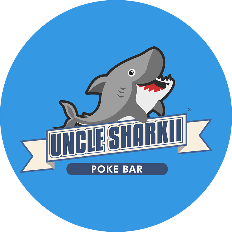 The Uncle Sharkii Poke Bar® logo at Universal CityWalk Hollywood on a light blue background.
