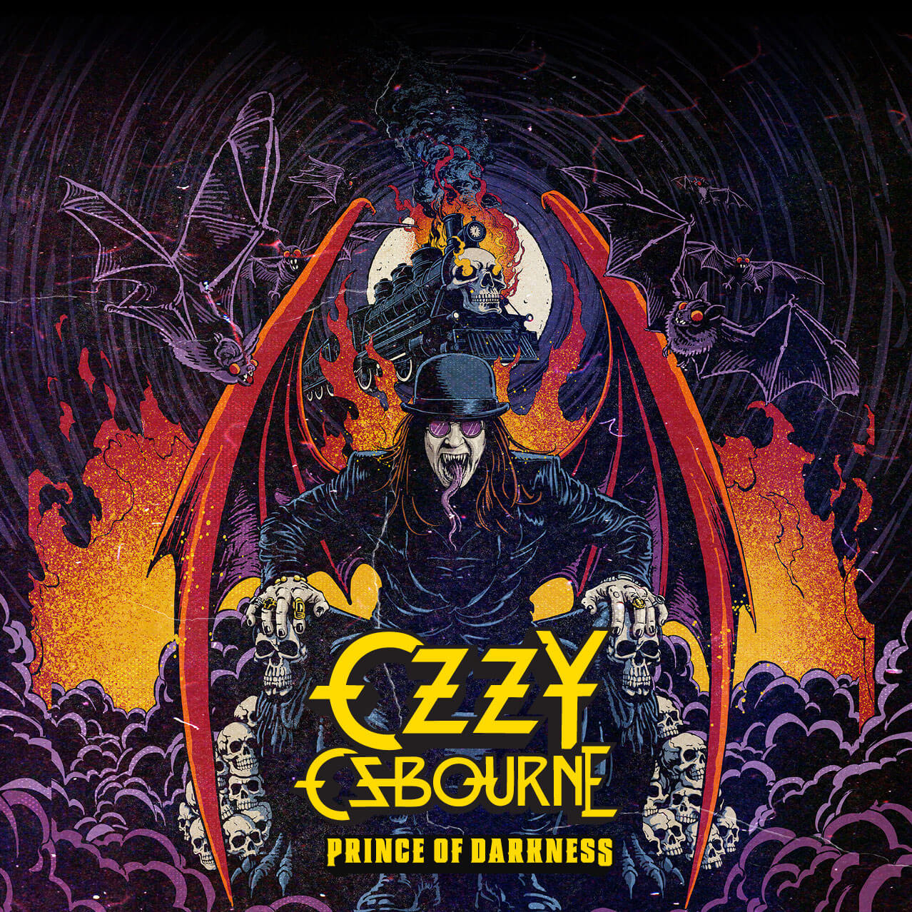 “OZZY OSBOURNE PRINCE OF DARKNESS” over a rendering of him with red wings and a forked tongue amid flames, bats and skulls.